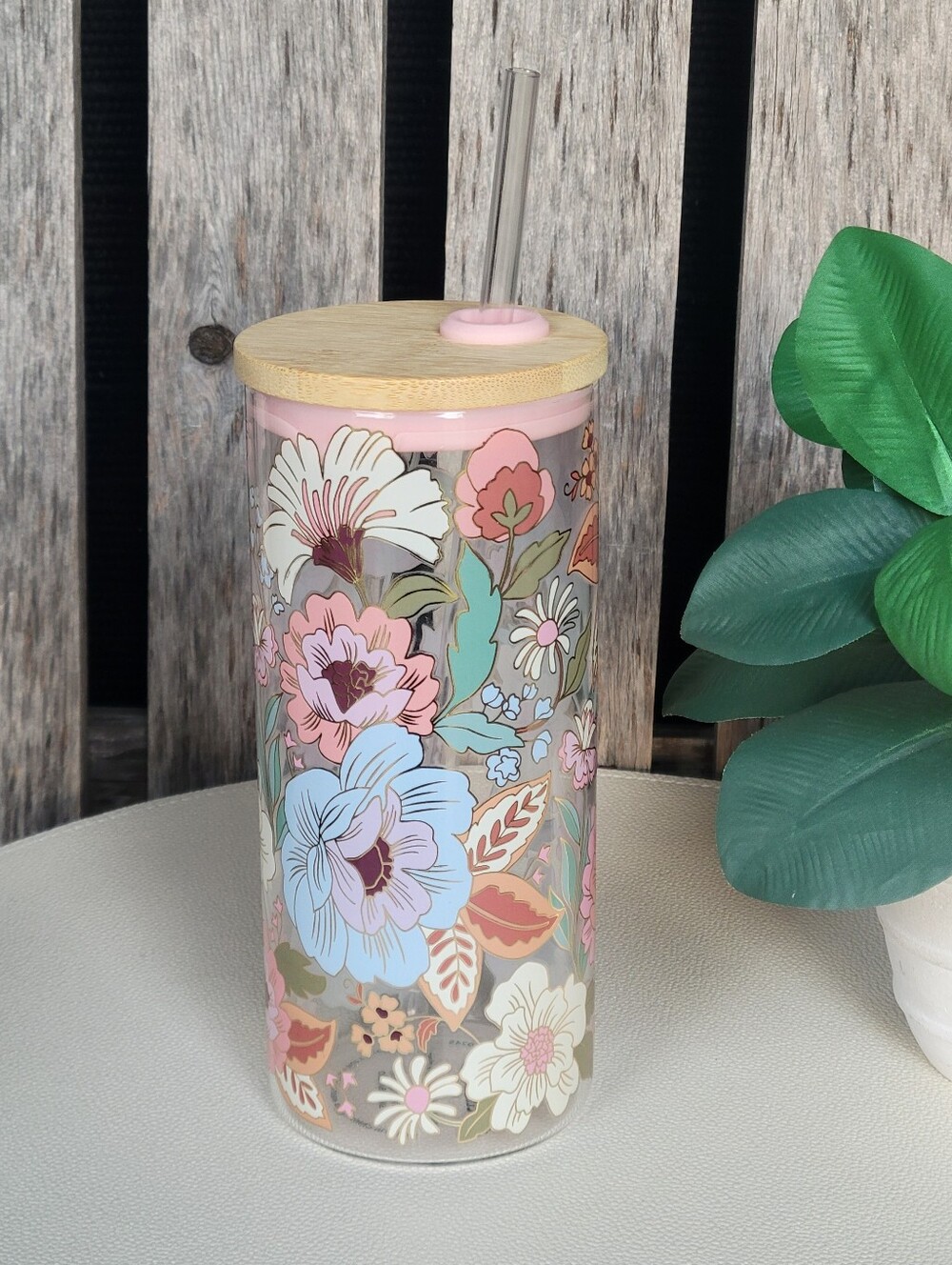 Clementine Floral Glass Tumbler with Bamboo Lid and Straw